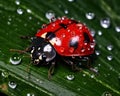 AI illustration of a ladybug perched on a green leaf, illuminated by rain droplets Royalty Free Stock Photo