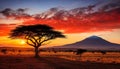 AI illustration of a landscape featuring an acacia tree silhouetted against the setting sun. Royalty Free Stock Photo
