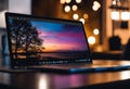 An AI illustration of laptop with colorful screen on wooden table with blurry lights Royalty Free Stock Photo