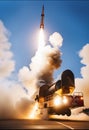 AI illustration of a large cargo truck soaring in the air, propelled by a powerful rocket engine