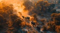 AI illustration of A large herd of African elephants walking across a grassy clearing at sunset. Royalty Free Stock Photo