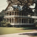 An AI illustration of a large old house with a covered porch and balcony overhangs