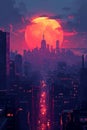 AI illustration of magnificent sunset over the urban landscape of a bustling city.