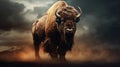 An AI illustration of a bison is standing in the dirt near a dark cloudy sky