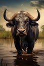 AI illustration of a majestic bull standing in the shallows of a body of water.