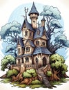 AI illustration of A majestic castle towers over an idyllic island.