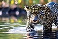 AI illustration of a majestic jaguar sauntering through a tranquil body of water in a zoo setting