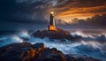 AI illustration of a majestic lighthouse perched on a rocky outcrop amidst the vastness of the ocean