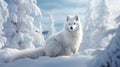 AI illustration of a majestic white wolf stands among an idyllic winter landscape.