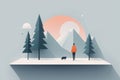 An AI illustration of a man with a dog in front of mountains and a sun