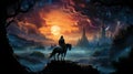 AI illustration of a man enjoying a horseback ride in the countryside against a sunset sky. Royalty Free Stock Photo