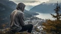 An AI illustration of man sitting on top of a rock looking over a lake Royalty Free Stock Photo