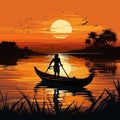 AI illustration of a man in a small boat rowing down a river against a bright sunset Royalty Free Stock Photo