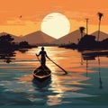AI illustration of a man in a small boat rowing down a river against a bright sunset Royalty Free Stock Photo