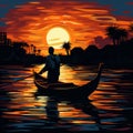 AI illustration of a man in a small boat rowing down a river against a bright sunset Royalty Free Stock Photo