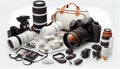 An AI illustration of many camera and accessories that include a backpack, tripod, and lens Royalty Free Stock Photo