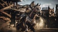 AI illustration of a medieval knight in full armor charging forward on a horse.