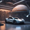 AI illustration of a metallic blue automobile parked in a futuristic space station garage