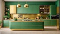 AI illustration of A modern kitchen with a stylish and eye-catching green and gold color.