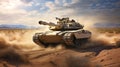 AI illustration of a modern military tank driving across a vast sandy desert landscape. Royalty Free Stock Photo