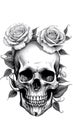 AI illustration of a monochromatic skull adorned with a crown of fresh-cut roses.