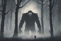 An AI illustration of the monster standing in the middle of a forest in dark fog Royalty Free Stock Photo