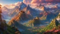 An AI illustration of the mountain landscape is filled with mountains and trees with colorful colors