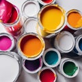 An AI illustration of multiple paint cans full of multi colored paint and one has paintbrush Royalty Free Stock Photo