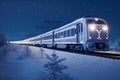 AI illustration of a night train traveling down the tracks in a snowy landscape. Royalty Free Stock Photo