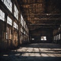 AI illustration of an old, empty, abandoned factory with large windows and a deteriorating interior.