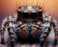 An AI illustration of an orange jumping spider on a brown surface with long legs