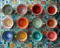 AI illustration of an overhead view of ceramic cups of tea sitting on a multicolored tiled surface.