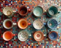 AI illustration of an overhead view of ceramic cups of tea sitting on a multicolored tiled surface.