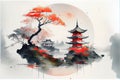 AI illustration of painting of japanese nature landscape with sakura trees and oriental buildings
