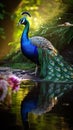 An AI illustration of a peacock is standing in a shallow lake with its tail raised