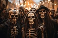 An AI illustration of people dressed as skeletons in costumes standing together in the street