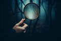 AI illustration of A person holding a magnifying glass in the dark forest.