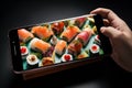 An AI illustration of a person holding up an iphone in front of a tray with sushi