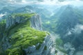 AI illustration of a picturesque mountain range set against a grassy valley in a cloudy atmosphere Royalty Free Stock Photo