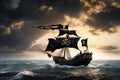 AI illustration of pirate ship with large flag and skull crossbones is seen in storm waters Royalty Free Stock Photo