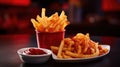An AI illustration of french fries and ketchup sit on a plate at a restaurant