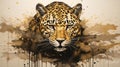 AI illustration of a portrait of a leopard with its head and face covered in paint splatters.