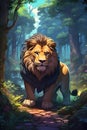 AI illustration of a powerful and majestic lion walks confidently through a mysterious forest Royalty Free Stock Photo