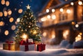 An AI illustration of presents around a christmas tree on the snow in front of a home Royalty Free Stock Photo