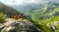 AI illustration of red ants on a rocky ledge above a lush valley