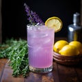 AI illustration of a refreshing Lavender Lemonade Cocktail in a tall glass filled with ice.