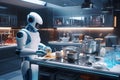 AI illustration of a robot surveying a futuristic kitchen table with its advanced technology. Royalty Free Stock Photo