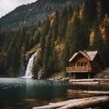 AI illustration of A rustic log cabin perched on the edge of a tranquil lake