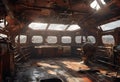 AI illustration of the rusty interior of an abandoned ship with broken windows.