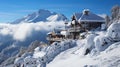 AI illustration of a scenic cabin perched atop a mountain blanketed in freshly fallen snow